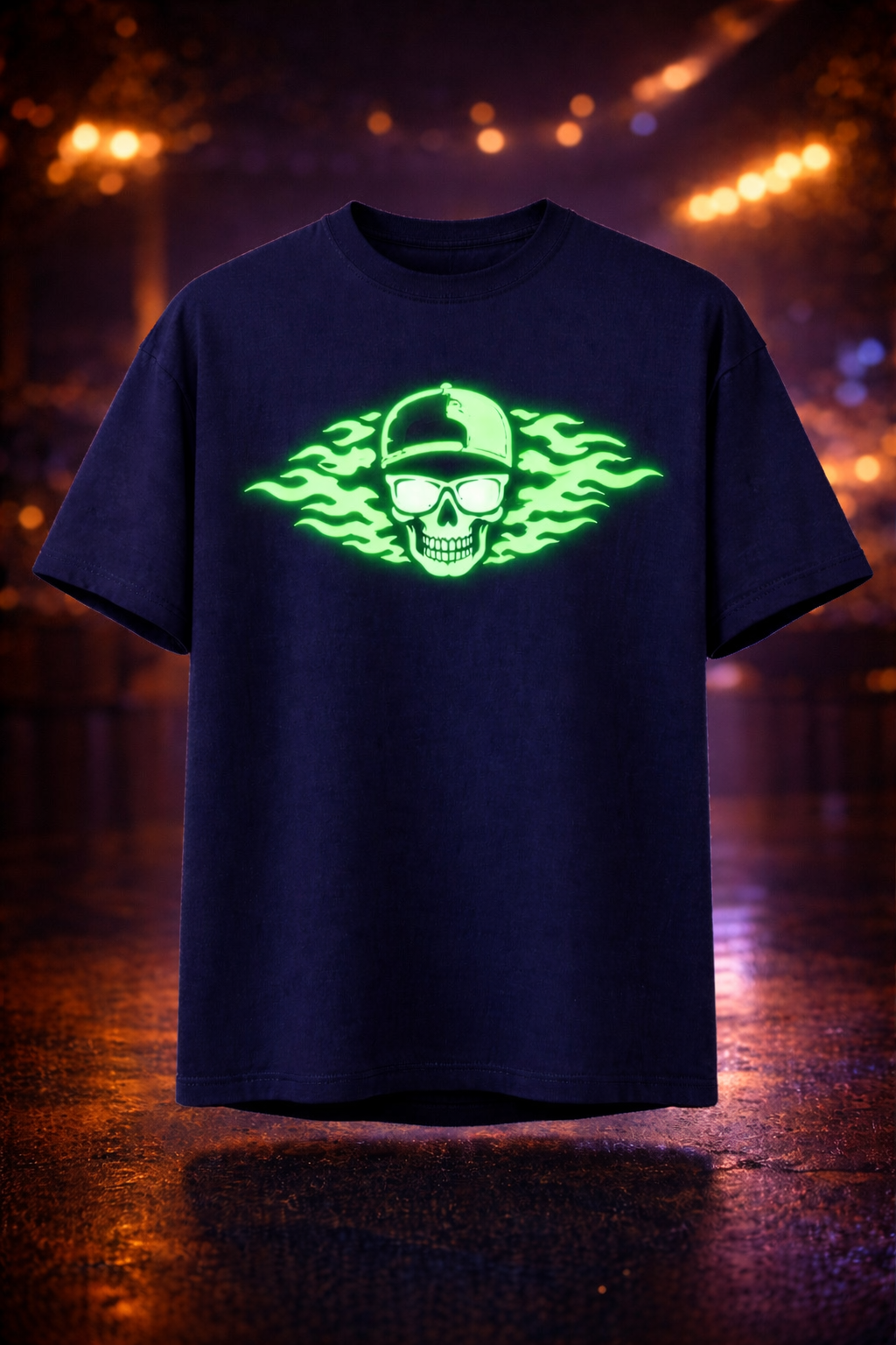 Flaming Skull Glow in Dark Oversized Black T-Shirt