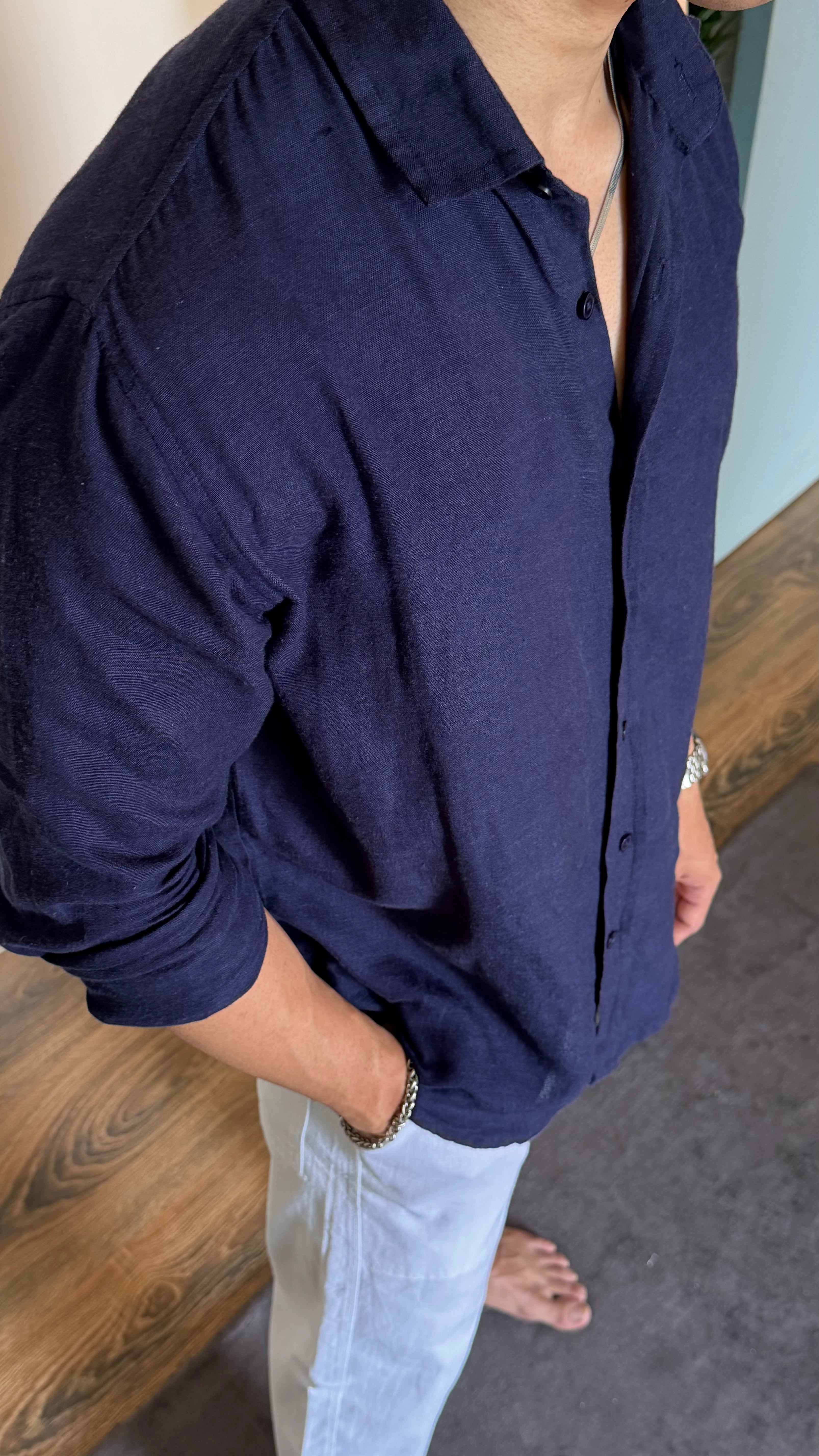 Linen Old-Money Navy Blue Shirt